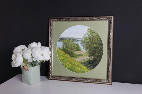 Counted Cross Stitch Kit Sunny Hills Landscape, Zolotoe Runo, Aida 16 Canvas, 31.7 x 31.7 cm, 35 Colors, Madeira Threads