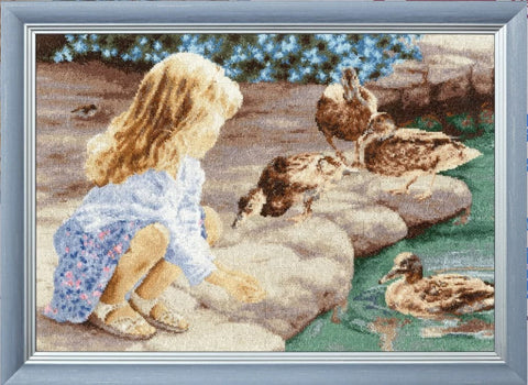 Cross Stitch Kit with Girl and Ducks, Warm Colors, Home Decor, Beginners to Advanced, Zolotoe Runo
