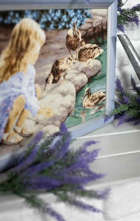 Cross Stitch Kit with Girl and Ducks, Warm Colors, Home Decor, Beginners to Advanced, Zolotoe Runo
