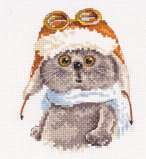 Mielas katinas pilotas kryželių siuvinėjimo rinkinys, 10x12 cm
