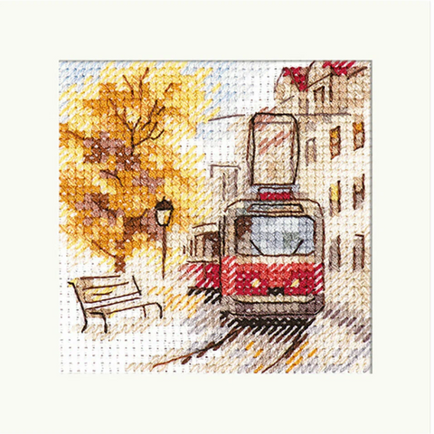Rudens miestas su tramvajumi kryželių siuvinėjimo rinkinys, 7x7 cm
