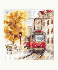 Rudens miestas su tramvajumi kryželių siuvinėjimo rinkinys, 7x7 cm