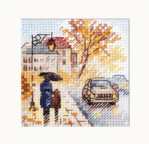 Mini siuvinėjimo rinkinys Ruduo mieste, 7x7 cm, linas 14 ct