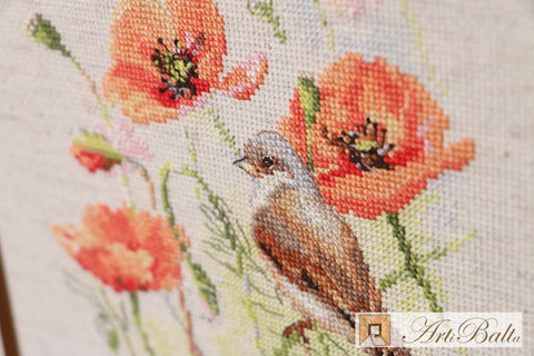 Bird Cross Stitch Kit, Linen Aida Fabric, 23 Colors, 15 x 18 cm, Alisa Embroidery Set, English Instructions