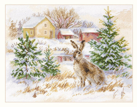 Kryželių siuvinėjimo rinkinys Žiemos diena rudas kiškis, 23x17 cm