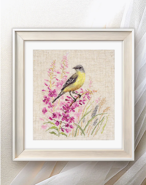 Cross Stitch Embroidery Kit with Wagtail Bird Motif, Natural Tones, Alisa, Pattern and Instructions for Home Decor