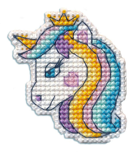 Unicorn Cross Stitch Kit for Mini Badge, 14 Count Plastic Canvas, 8 Colors, 4.5 x 5.2 cm, Oven Seattle