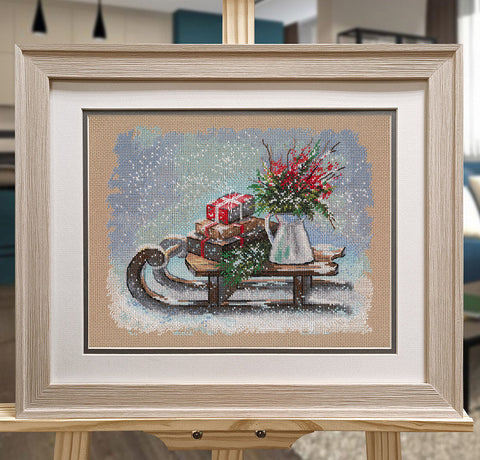 Christmas Sleigh Cross Stitch Kit with Aida Canvas and Cotton Threads, Red Green White Gold, Oven