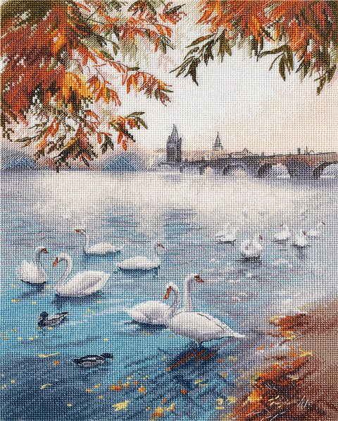 Cross Stitch Embroidery Kit, Autumn Shore Landscape, Oven, Warm Autumn Colors, Home Decor Project for Beginners and Advanced Stitchers