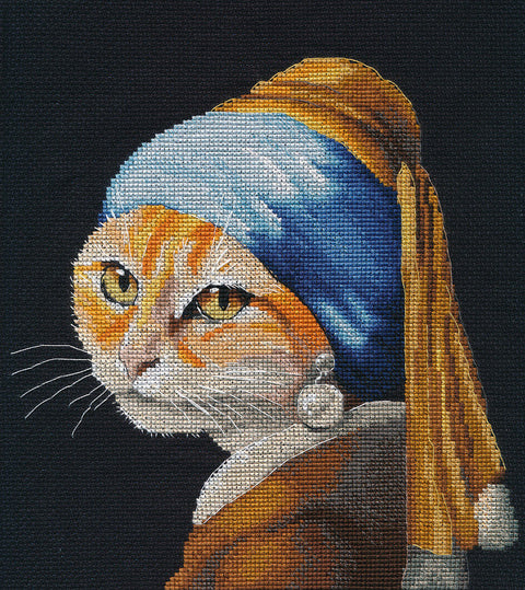 Cat Portrait Cross Stitch Kit with Pearl Earrings, Multicolor, Oven, Aida Fabric, Threads, Needle, 21×22 cm, Home Decor DIY Craft