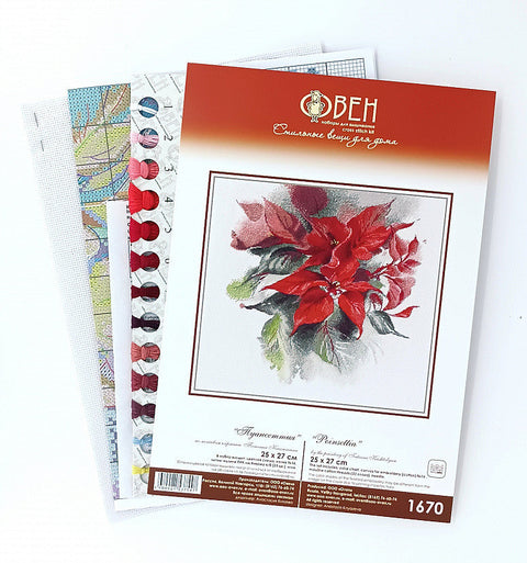 Christmas Cross Stitch Embroidery Kit with Poinsettia Design, Oven, 25×27 cm, Red and Green Holiday Home Decor DIY Craft
