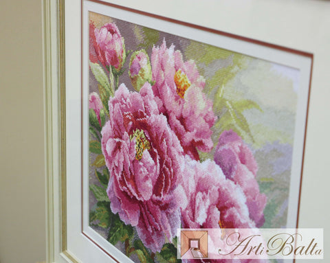 Peony Cross Stitch Kit, 14 Count White Aida, 45 Colors, 40x30 cm, Embroidery Kit by Alisa, Floral Needlepoint Craft Set