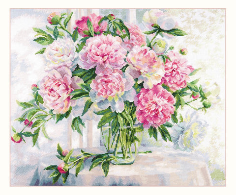 Siuvinėjimo rinkinys Peonijos prie lango, Aida 14, 46x38 cm
