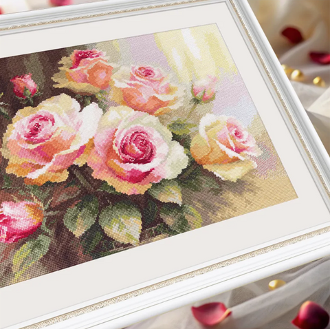 Cross Stitch Embroidery Kit with Roses in Sunlight, Alisa, Cotton Threads, Beginner-Friendly DIY Wall Art, Pink Green Gold Tones