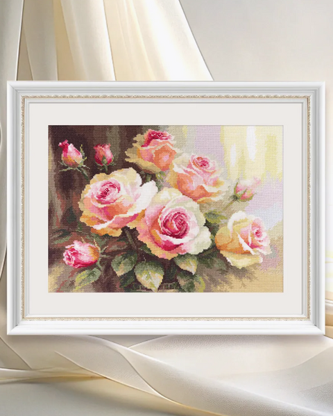 Cross Stitch Embroidery Kit with Roses in Sunlight, Alisa, Cotton Threads, Beginner-Friendly DIY Wall Art, Pink Green Gold Tones