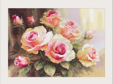 Cross Stitch Embroidery Kit with Roses in Sunlight, Alisa, Cotton Threads, Beginner-Friendly DIY Wall Art, Pink Green Gold Tones