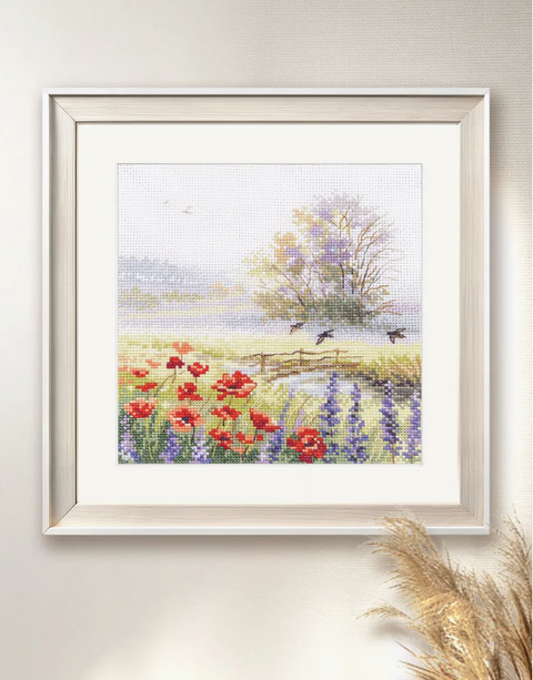 Cross Stitch Kit with Swifts Summer Watercolor Design, Alisa, White Aida Fabric, Cotton Threads, Beginner and Advanced Embroidery Kit