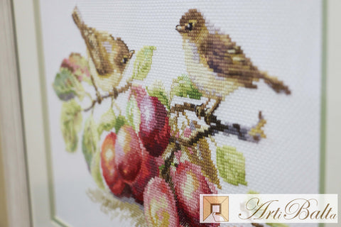 Cross Stitch Kit Birds and Plums, White Aida 14 Count, 29 x 16 cm, 33 Colors, Alisa