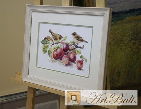 Cross Stitch Kit Birds and Plums, White Aida 14 Count, 29 x 16 cm, 33 Colors, Alisa