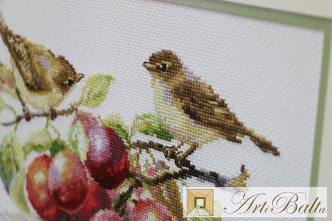 Cross Stitch Kit Birds and Plums, White Aida 14 Count, 29 x 16 cm, 33 Colors, Alisa