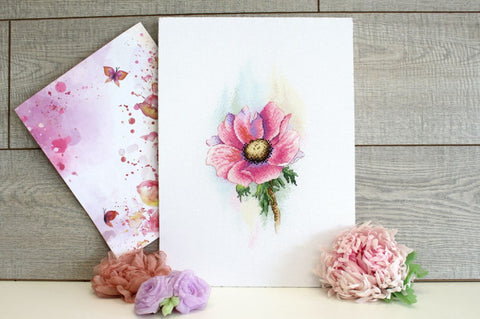 Cross Stitch Embroidery Kit Pink Anemone with DMC Threads, Linda 27 Evenweave Fabric, Floral Design by MP Studia