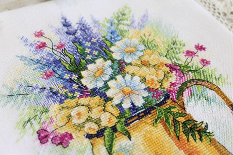 Cross Stitch Kit with Lavender Bouquet and Dessert Design, Aida Fabric, Cotton Threads, MP Studia