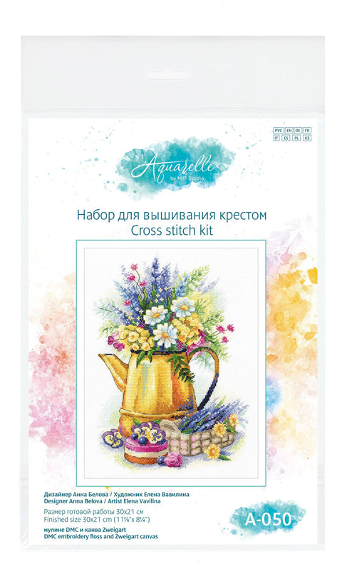 Cross Stitch Kit with Lavender Bouquet and Dessert Design, Aida Fabric, Cotton Threads, MP Studia