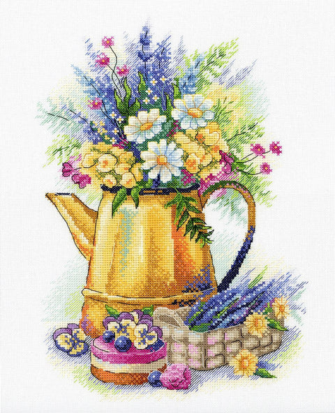 Cross Stitch Kit with Lavender Bouquet and Dessert Design, Aida Fabric, Cotton Threads, MP Studia