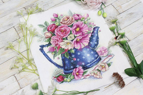 Cross Stitch Embroidery Kit with Hollyhock Flower Design, MP Studia, DIY Craft for Beginners and Advanced Stitchers