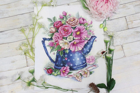 Cross Stitch Embroidery Kit with Hollyhock Flower Design, MP Studia, DIY Craft for Beginners and Advanced Stitchers
