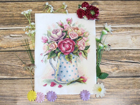 Cross Stitch Kit, Romantic Rose Bouquet, Floral Embroidery Craft Set by MP Studia for Home Decor and Relaxing Needlework