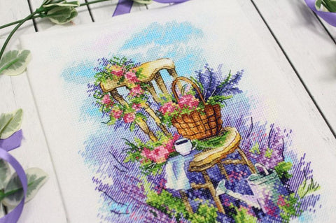 Cross Stitch Embroidery Kit with Lavender Motif, MP Studia, Natural Tones, Beginner-Friendly DIY Home Decor Craft Set