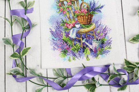 Cross Stitch Embroidery Kit with Lavender Motif, MP Studia, Natural Tones, Beginner-Friendly DIY Home Decor Craft Set