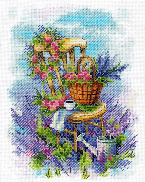Cross Stitch Embroidery Kit with Lavender Motif, MP Studia, Natural Tones, Beginner-Friendly DIY Home Decor Craft Set