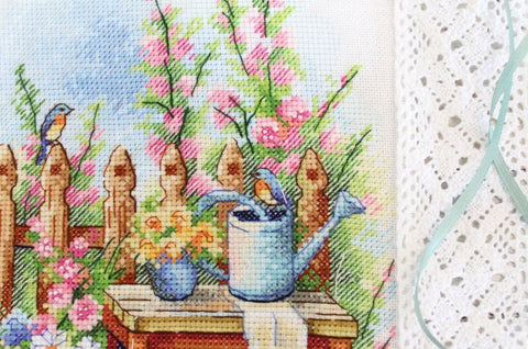 Cross Stitch Embroidery Kit Blooming Garden with Pattern, Threads, Aida Fabric, Needle and Instructions by MP Studia