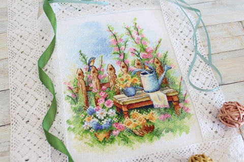 Cross Stitch Embroidery Kit Blooming Garden with Pattern, Threads, Aida Fabric, Needle and Instructions by MP Studia
