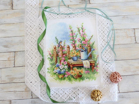 Cross Stitch Embroidery Kit Blooming Garden with Pattern, Threads, Aida Fabric, Needle and Instructions by MP Studia