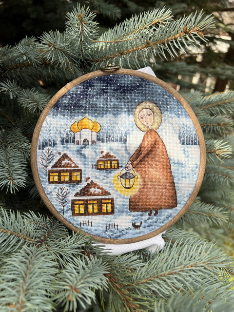 Christmas Angel Cross Stitch Kit with Chart and Threads, Andriana, White Cotton Aida Fabric, Needle and Instructions