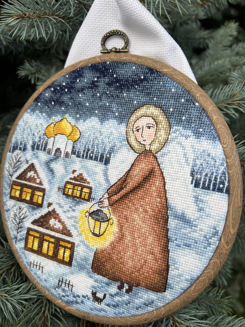 Christmas Angel Cross Stitch Kit with Chart and Threads, Andriana, White Cotton Aida Fabric, Needle and Instructions