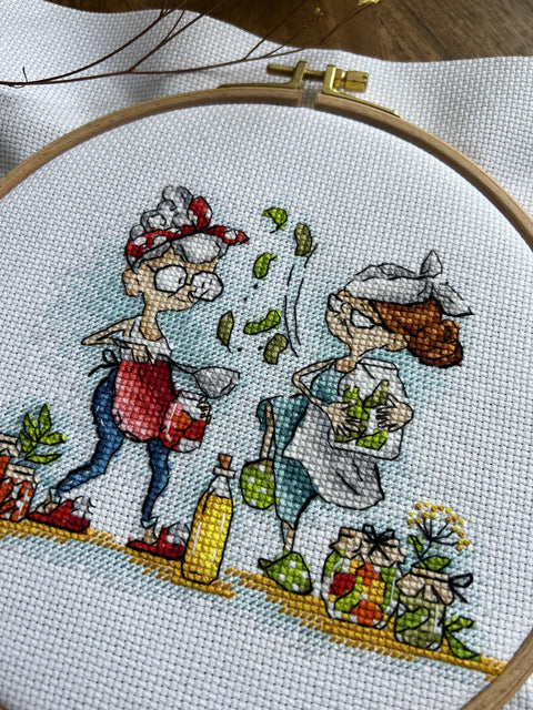 Cross Stitch Kit “Grandmothers with Pickles” – Nostalgic Embroidery Craft Set for Home Decor, Andriana