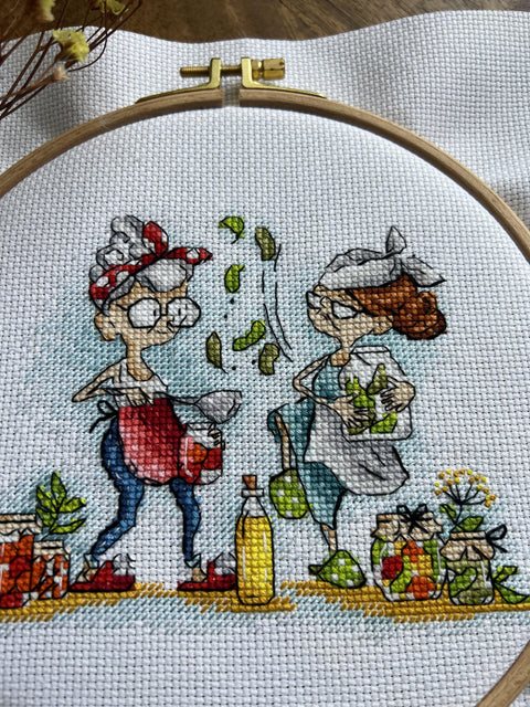 Cross Stitch Kit “Grandmothers with Pickles” – Nostalgic Embroidery Craft Set for Home Decor, Andriana