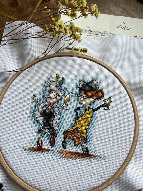 Cross Stitch Embroidery Kit, Grandma’s Party Design, Bright Colors, Cotton Threads, Canvas, Needle and Pattern by Andriana