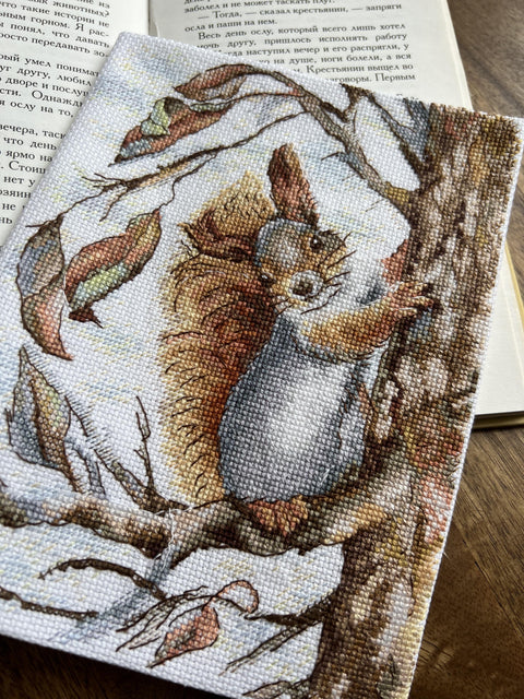Squirrel Cross Stitch Kit with Aida Canvas, Cotton Floss, Needle and Color Chart, Andriana, Autumn Nature Design, Beginner Friendly