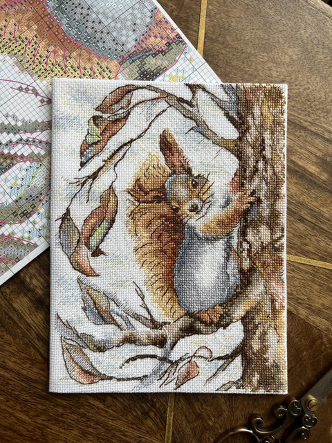 Squirrel Cross Stitch Kit with Aida Canvas, Cotton Floss, Needle and Color Chart, Andriana, Autumn Nature Design, Beginner Friendly