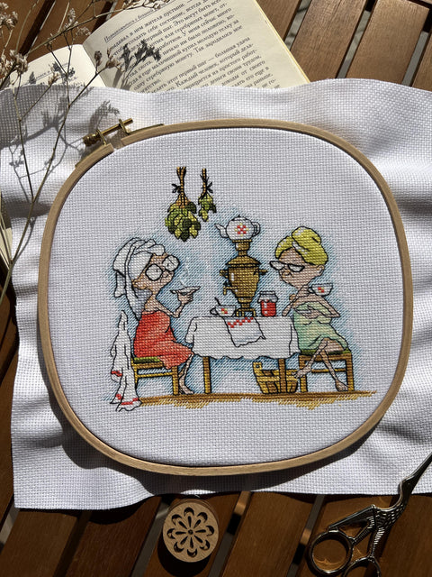 Cross Stitch Embroidery Kit Grandma in the Sauna, Multicolor Nostalgic Design, Andriana Needlework Hobby Set for Beginners and Advanced Crafters