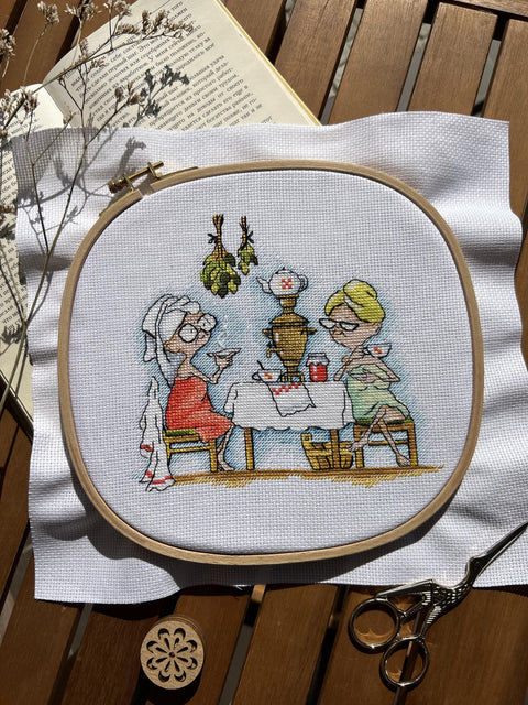 Cross Stitch Embroidery Kit Grandma in the Sauna, Multicolor Nostalgic Design, Andriana Needlework Hobby Set for Beginners and Advanced Crafters