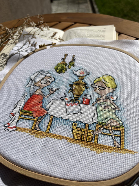 Cross Stitch Embroidery Kit Grandma in the Sauna, Multicolor Nostalgic Design, Andriana Needlework Hobby Set for Beginners and Advanced Crafters