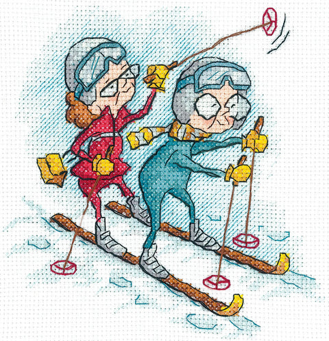 Counted Cross Stitch Kit Grandmothers Skiing, Multicolor Winter Landscape, Andriana, Beginner-Friendly Hobby Craft for Wall Decor