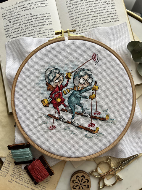 Counted Cross Stitch Kit Grandmothers Skiing, Multicolor Winter Landscape, Andriana, Beginner-Friendly Hobby Craft for Wall Decor
