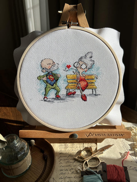 Counted Cross Stitch Kit, Grandma on a Date Design, Aida Fabric, Cotton Mouliné Threads, Beginner-Friendly, Andriana